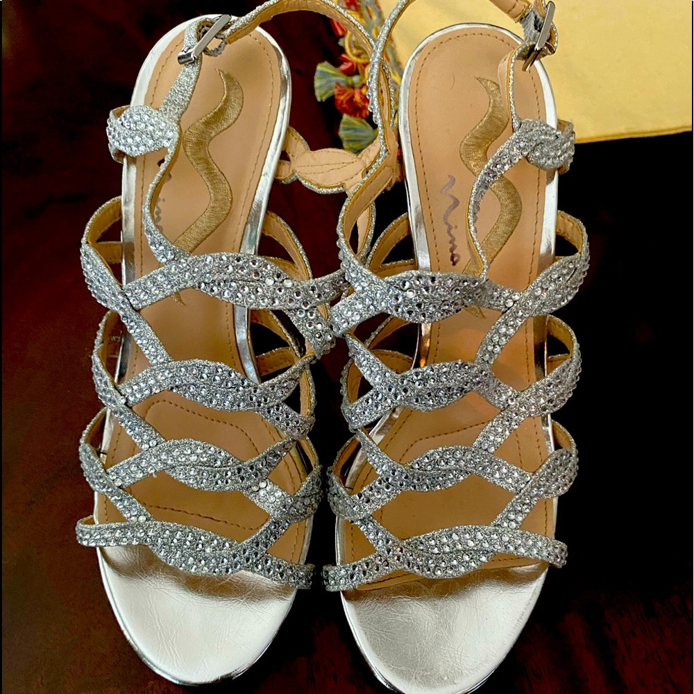 Beautiful Silver rhinestone strap heels.